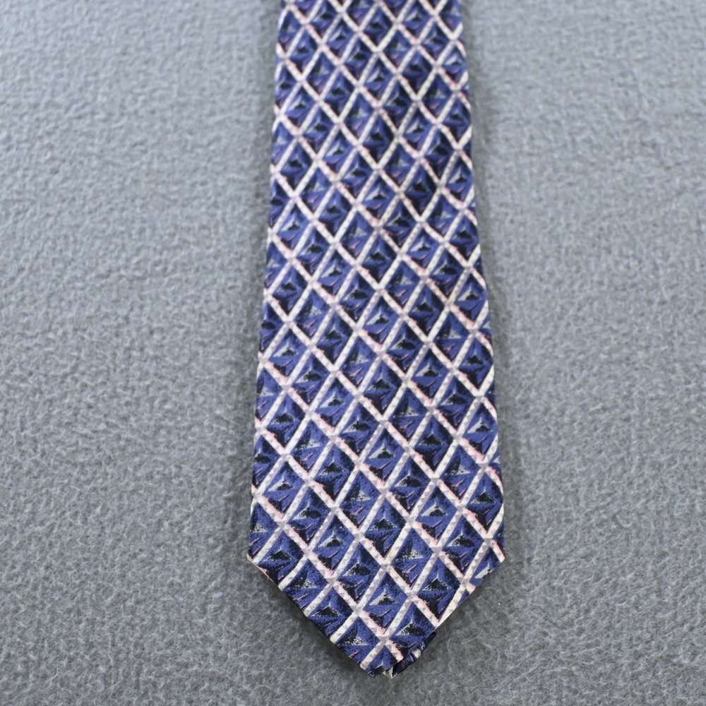 Como Collezione Mens Geometric Diamond Silk Necktie Blue Purple Vintage 80s 90s